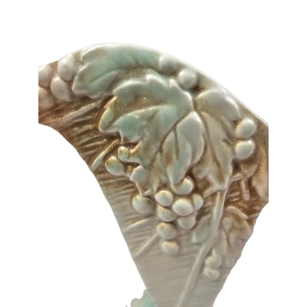 Vintage Ceramic Fan Vase Embossed Grape‎ Leaf Seafoam Green Brown Mid Century